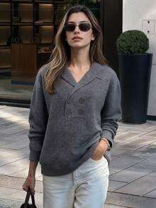 Women's Oversized Lapel Double-Breasted Knit Sweater, Dropped Shoulder Long Sleeve Loose Pullover - Grey - View 8
