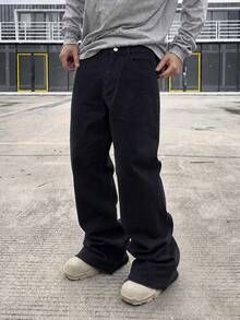Pure Black Flared Jeans, Frayed Hem Flared Pants For Men With Draping Effect, American Street Style Vintage Denim Long Pants, All-Season Wearable Denim Long Pants - Black - View 4