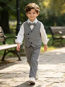 Young Boy Solid Color V-Neck Vest, Pants And Bow Tie Casual Suit Set - Grey - View 4
