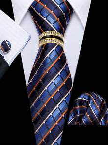 Men's Blue Striped Tie Pocket Square Cufflinks Ring 4Pcs Set, Cufflinks Random Pattern, Wedding Business Suit Accessories - Blue - View 1