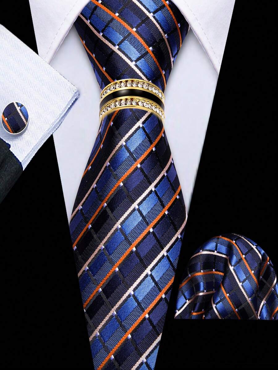 Men's Blue Striped Tie Pocket Square Cufflinks Ring 4Pcs Set, Cufflinks Random Pattern, Wedding Business Suit Accessories - Blue - View 1