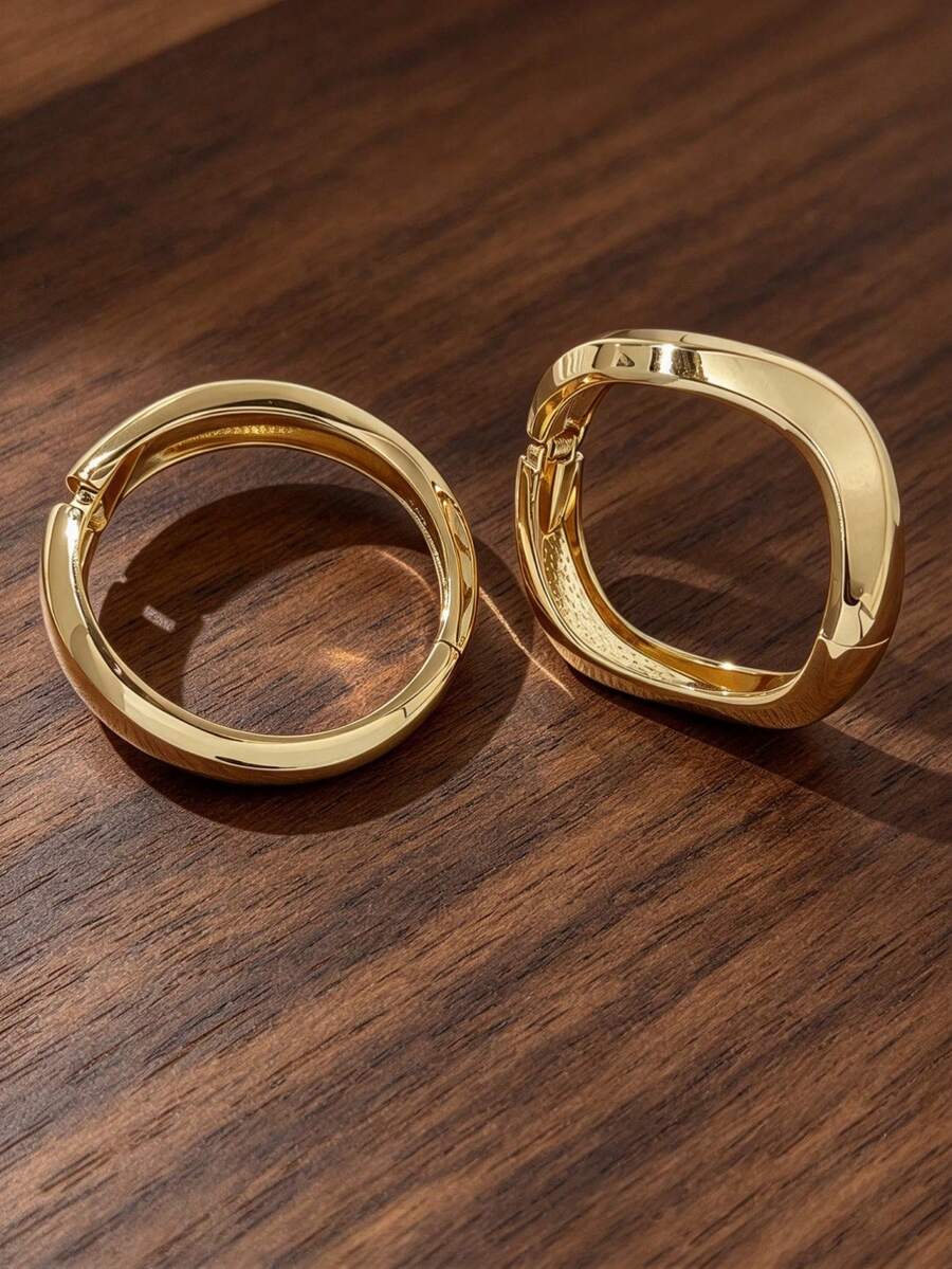 两件套时尚优雅夸张合金14K镀金纹理/光滑开口手镯，适合女士日常佩戴，高品质且持久不褪色