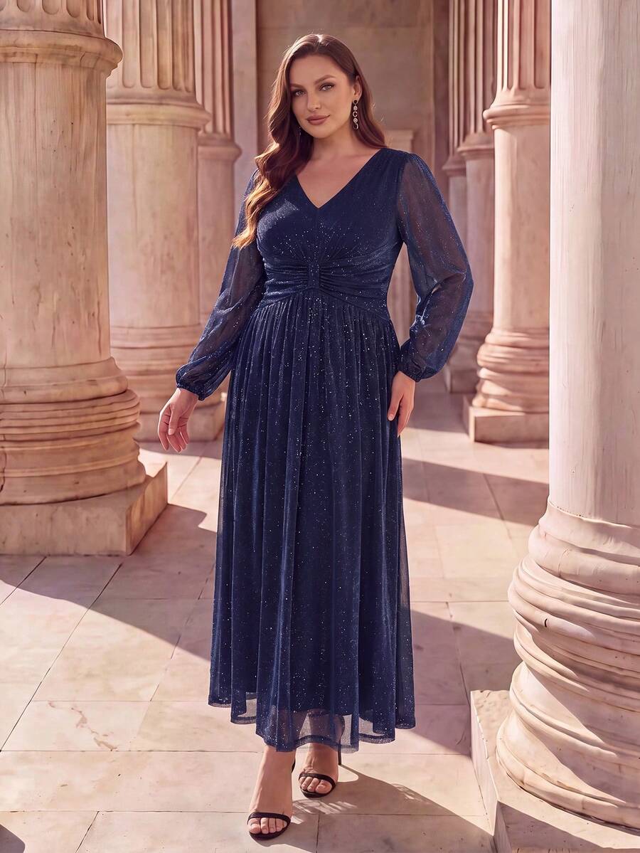 EVERPRETTY Gaun Malam Formal Wanita Ukuran Plus Elegan Musim Gugur Warna Biru Tua dengan Lengan Panjang Berkilau, Leher V, Pinggang Berkerut, Model A-Line, Gaun Tamu - Navy Blue - View 1