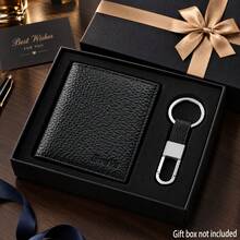 2pcs Men's Genuine Leather Wallet & Keychain Set, Textured Bifold Wallet, Minimalist Business Accessories, Christmas Birthday Gift For Dad Husband - Black - View 5