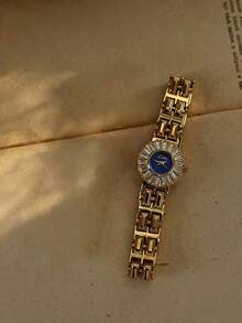 LSVTR 1pc Gold French Vintage Women's Square Watch With Rhinestone & Cubic Zirconia Inlay, Fashionable Elegant Personalized Waterproof Quartz Watch With Stainless Steel Band, Suitable For Daily Wear, Parties, Banquets, Dates, Festivals, Gift, Wrist Decoration, Includes Adjustment Tool - Blue - View 9