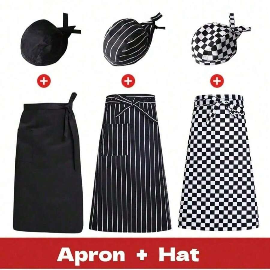 2pcs Half Apron & Chef Hat Set, Apron + Chef Hat Set, Tie-Up Chef Hat Apron - White - View 1