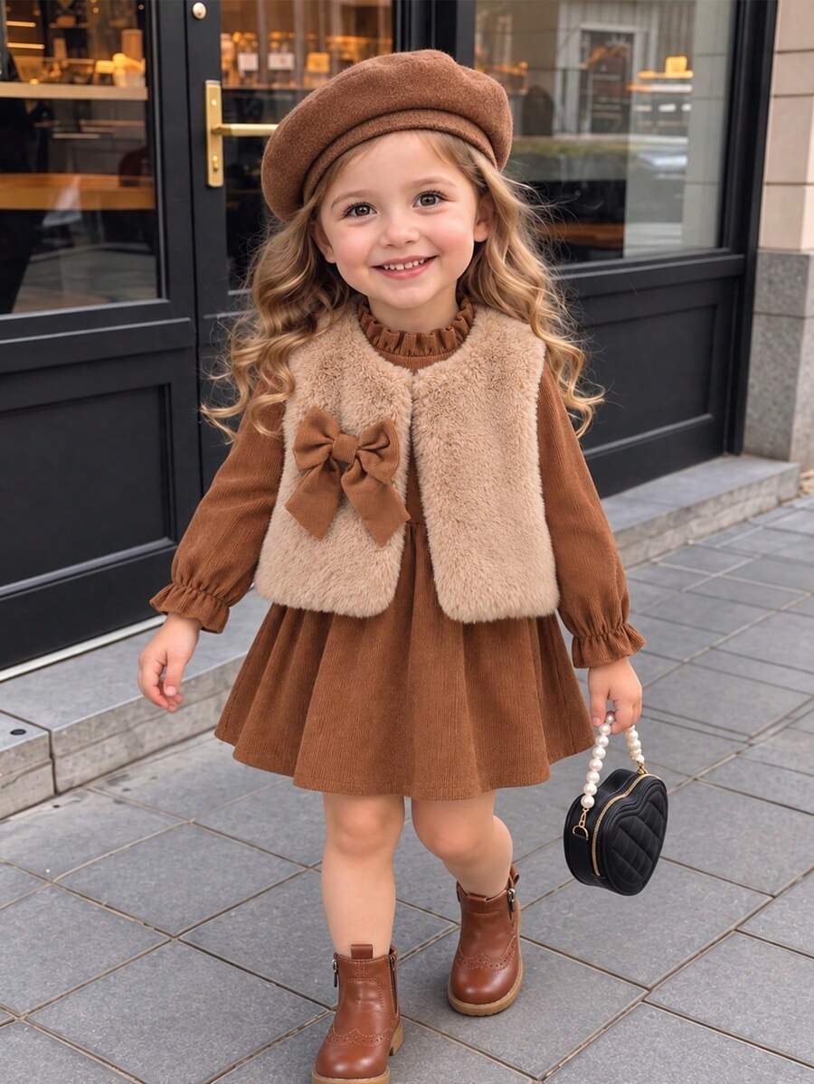 Young Girls Autumn 2pcs Set Solid Color Fur Bow Sleeveless Vest + Corduroy Casual Dress - Brown - View 1