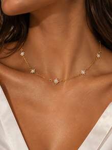 1pc Women's Delicate Octagonal Star Rhinestone Choker, Sparkling Crystal Star Spaced Chain Necklace, Minimalist Daily Jewelry Gift - XL4201 Gold - View 2