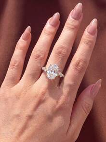 1pc Shiny Oval Rhinestone Ring, Women's Classic Transparent Sparkling Silver Band, Vintage Style, Suitable As Finger Accessory Or Gift - Gold - View 4