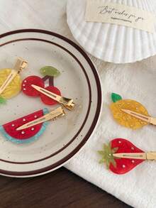 5pcs/1pc Fresh Cartoon Fruit Acetate Hair Clips Watermelon Strawberry Cherry Lemon Pineapple Shaped Side Clips Rhinestone Studded Bangs Hair Clips Women Hair Accessories Daily Casual Versatile Loose Hair Clips - Multicolor - View 7