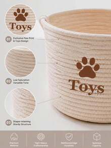 1pc Pet Toy Storage Basket, Simple Ins Style Paw Print Miscellaneous Storage Basket, Double Handle Cotton Pet Storage Basket, Sturdy And Durable, Foldable, Suitable For Storing Dog, Cat Toys, Pet Supplies, Balcony, Living Room, Bedroom Placement - Apricot - View 3