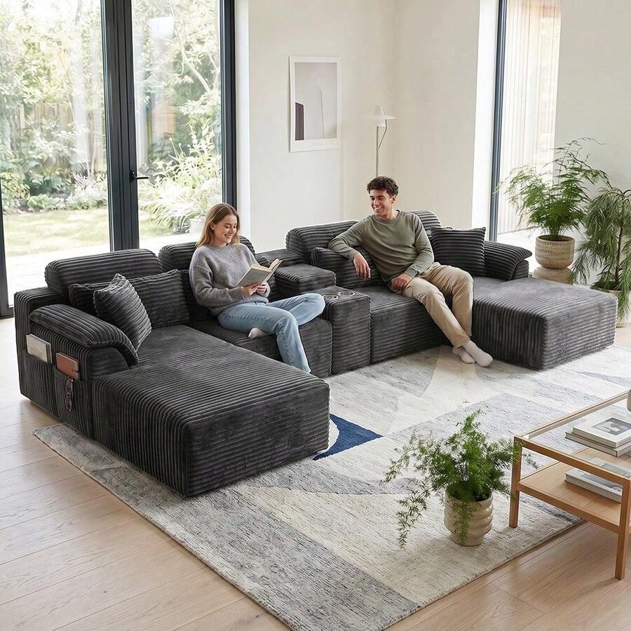 Sofá modular de lujo con forma de U, de 147 pulgadas, convertible en cama, con tapizado de pana, para sala de estar, cine en casa, villa, apartamento y estudio. No requiere montaje. - Gris - Ver 1