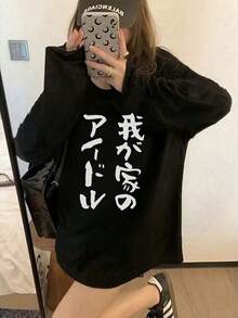 Atasan Wanita Gaya Generasi Z Y2K Terbaru Musim Gugur/Dingin, Kaos Lengan Panjang Leher Bulat dengan Motif Jepang yang Menarik - Hitam - View 3