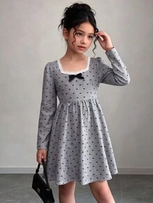 Tween Girls Tween Girl Dress, Autumn/Winter, Dark Gray Bow Pattern Contrast Lace Trim, Elegant Cute Casual Versatile Streetwear Dress - Multicolor - View 8