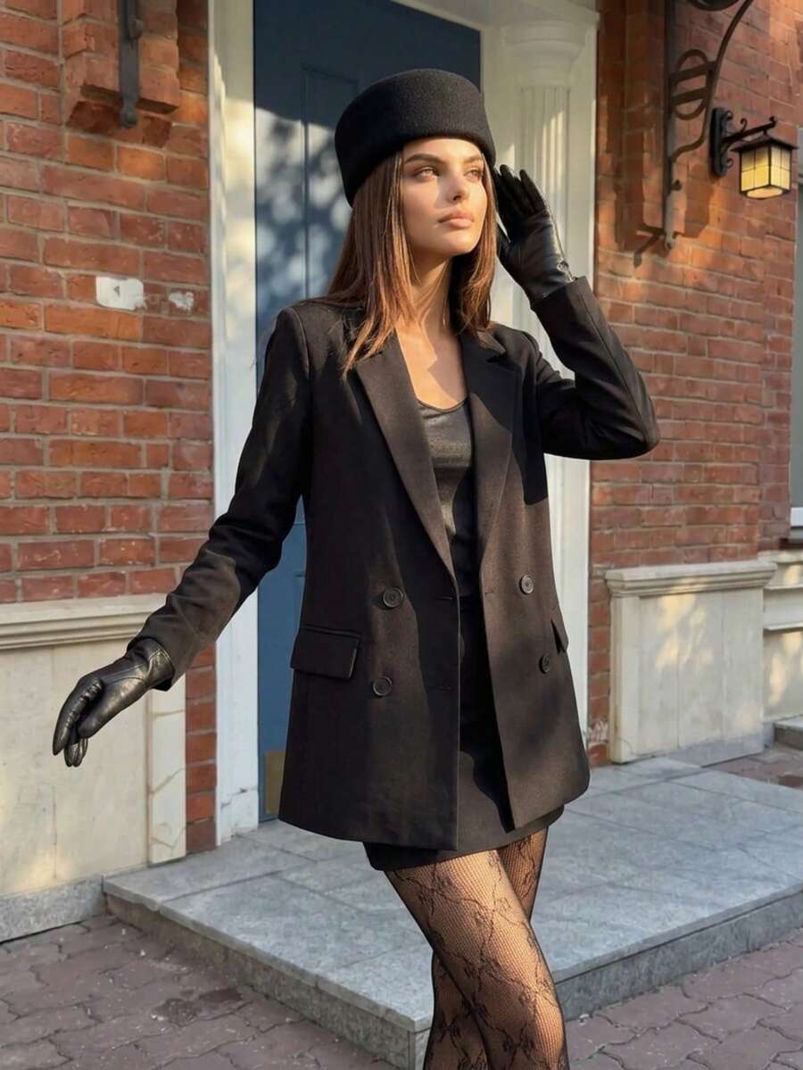 Women's Regular Fit Black Polyester Long Sleeve Double-Breasted Blazer, Non-Stretch Fashion Outerwear - Black - View 1