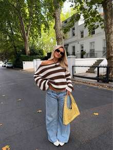 Women's Cute Casual Long Sleeve Cold Shoulder Striped Pink Knit Sweater Pullover Top Back To School - White Brown - View 10