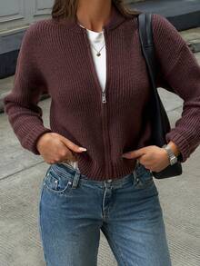 GLAMSKIN Women Ribbed Knit Zip Up Cardigan Stand Collar Sweater ,Long Sleeve Cropped Sweater Jacket Casual Fall Winter Outerwear - Brown - View 5