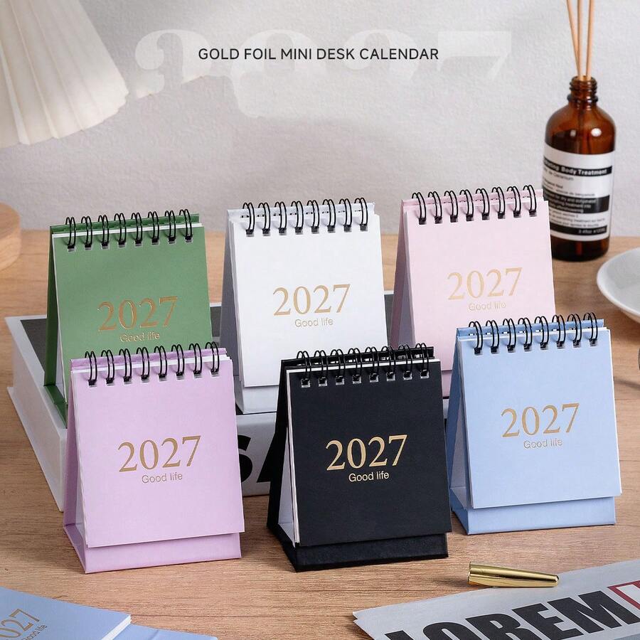1PC, 2027 English Mini Desk Calendar (1 Pen Included) - Random Color - Minimalist Morandi Style Desktop Decor - Portable Small Calendar