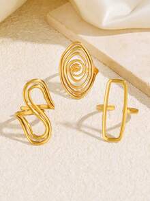 3pcs Stainless Steel Gold Fashion Personalized Minimalist Elegant Geometric Oval Line Ring Set Suitable For Women Daily Holiday Wear - Multicolor - View 4