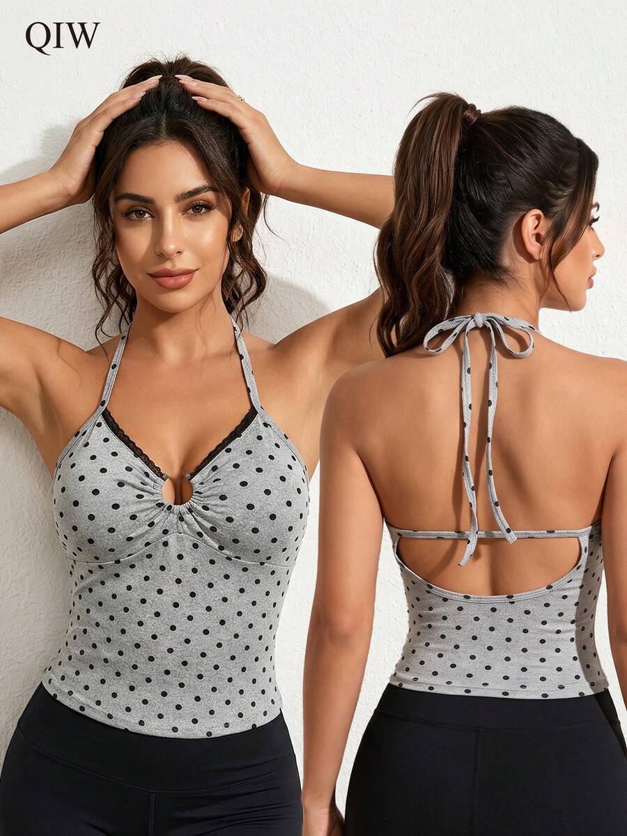 Polka Dot Halter Neck Backless Tank Top, Ruched Front With Lace Trim, Padded Sleeveless Cropped Top, Women's Casual Layering Top