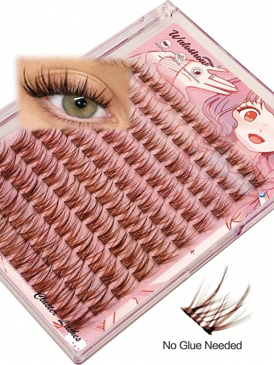 Waloshow 144 Clusters Natural Brown False Eyelash Clusters, Natural Makeup Look, Thin Anime Style, Single Cluster Cartoon Lashes With Spikes, Brown Spikes, C Curl, 8-16mm - D - View 1