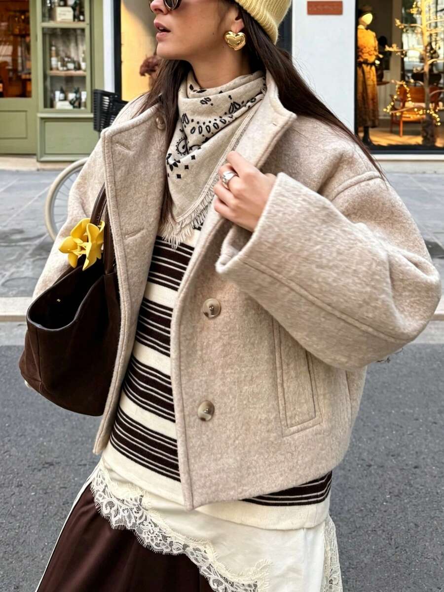Women's Fashion Versatile Elegant Double-Button Front Long Sleeve Jacket Top, Suitable For Autumn/Winter Wear - Apricot - View 1