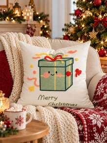1pc/2pcs Christmas Gift Box Embroidered Pillowcase, Cute Cartoon Fun Cushion Cover, Ivory White Children's Christmas Throw Pillow Cover, Suitable For Sofa, Living Room, Baby Room, Fun Holiday Home Decor, Size 18x18, Insert Not Included - Green - View 8