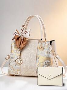 Luxury Letter Print 2-In-1 Tote Bag Set, Elegant Brown Crossbody Bag With Detachable Shoulder Strap And Matching Wallet - Beige - View 11