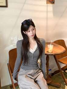 Sexy Minimalist Sexy Lace Patchwork Long Sleeve Henley Top, Women's 2 In 1 Fitted T-Shirt For Autumn - Grey - View 6
