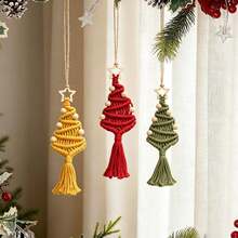 1pc Macrame Christmas Tree Hanging Decor, Handmade Woven Christmas Tree Tassel Star Decoration Wall Hanging, Small Christmas Tree Wall Decor - Multicolor - View 10