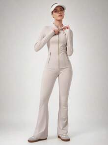 NcmRyu Women's One Set Solid Color Small Stand Collar Side Pocket Zipper Thumbhole Long Sleeve Jacket High Waist Flared Yoga Pants Set - Beige - View 11