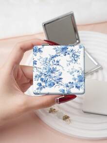 1PC British Country Style Portable Vanity Mirror, Foldable Lightweight Ultra-Thin Convenient Hand Mirror, PU Leather, Suitable For Multiple Scenarios And All People, Foldable Small Square Mirror, Pocket Mirror, Fresh Blue Floral Print Design, Exquisite Handheld 180° Flip Cover Multi-Function Mini Mirror, Compact Mirror, Mirrors, Daily, Holiday, Birthday, Valentine's Day, Mother's Day - Multicolor - View 8