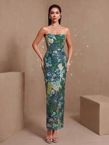 Women's Elegant Embroidered Beaded Double-Layer Cup Strapless Wedding Guest Dress - Green - View 1
