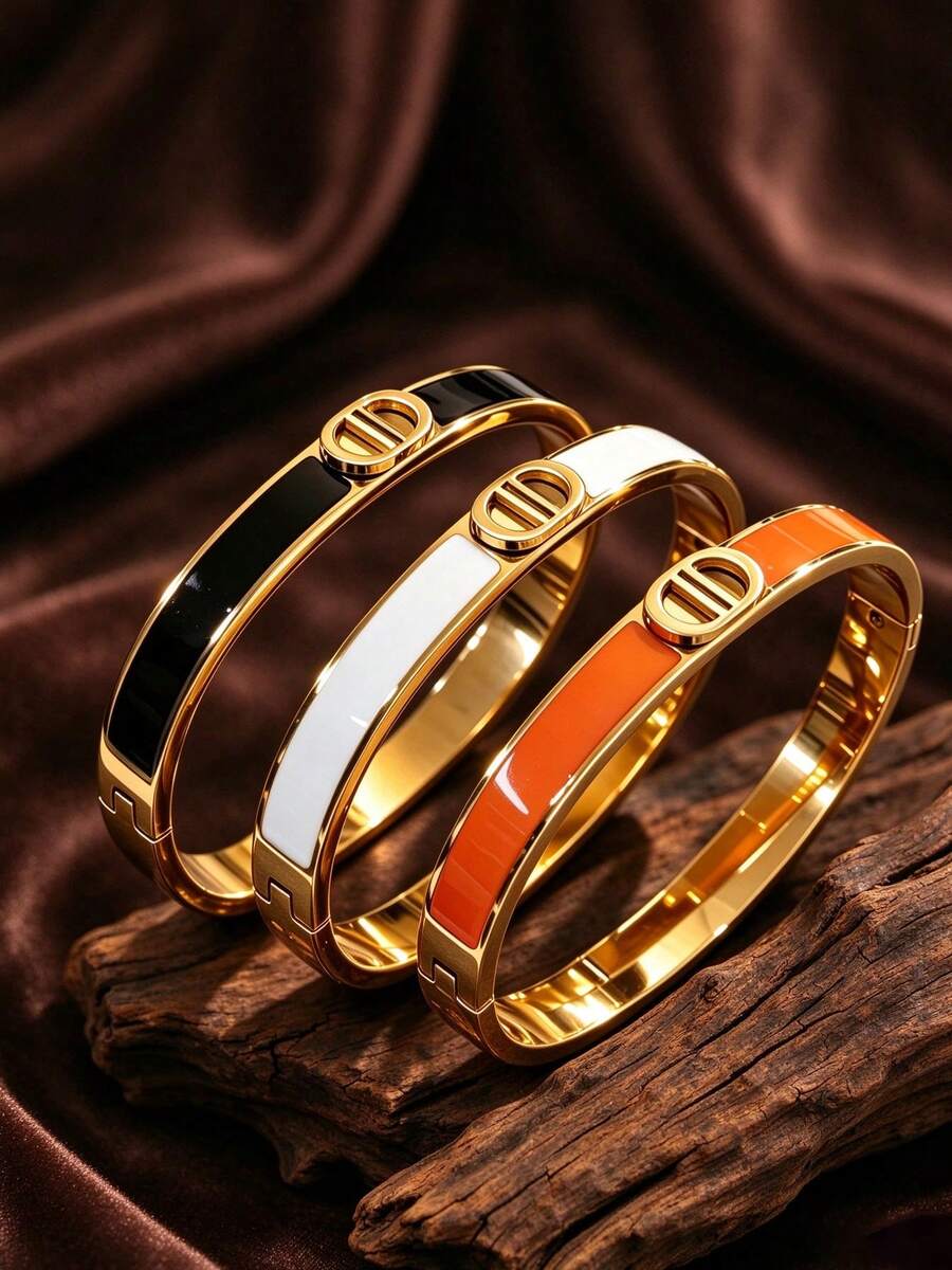 1pc Fashion Luxury Double D Letter Stainless Steel Bracelet, Unisex Oil-Drip Stainless Steel Clasp Bracelet, Minimalist Elegant Women's Bangle. Suitable For Valentine's Day, Christmas, Thanksgiving, New Year's Eve Party, Commute, Date, Dinner. High-Quality Niche Jewelry, Perfect Holiday Gift For Best Friend, Lover, Versatile Decorative Accessory, Hot-Selling Overseas. - Double D Bracelet - View 1