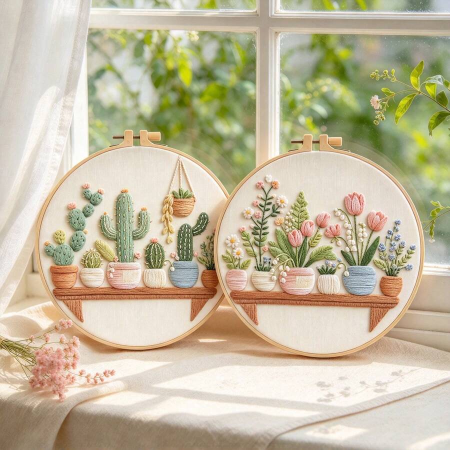 French 3D Plant Embroidery Full Material Kit, Cute Cactus And Tulip Potted Plants, Beginner Zero-Based Healing Desktop Decor