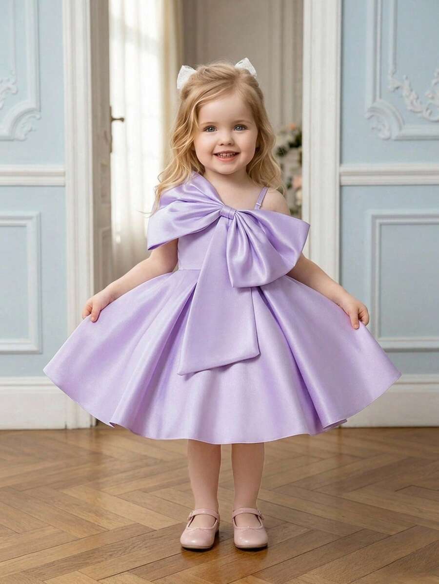 Baby Girls Asymmetric Neck Bow Purple Satin Cute Birthday Party Dress Suitable For Wedding Vacation, Headband Not Included - Mauve Purple - View 1