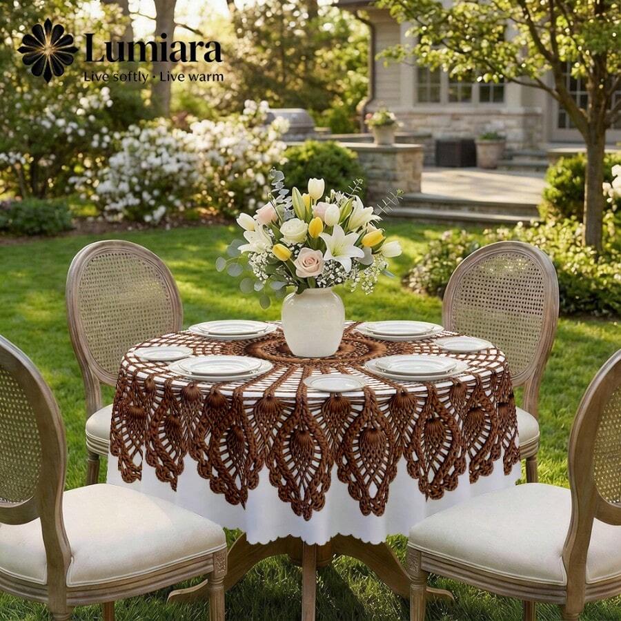 1 Piece 2D Flat Print - Brown Tassel Crochet Texture Printed Circular Tablecloth, Suitable For Circular Tables And Coffee Tables, Home Decor, Courtyard Outdoor Dining Arrangements, Various Styles And Sizes To Choose From - A - View 1