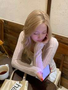 Korean Style Hollow Out Knit Slim Fit Long Sleeve Top For Women - Pink - View 4