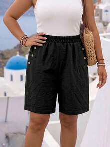 Plus Size Women Loose Casual Shorts With Pockets And Buttons - Black - View 1