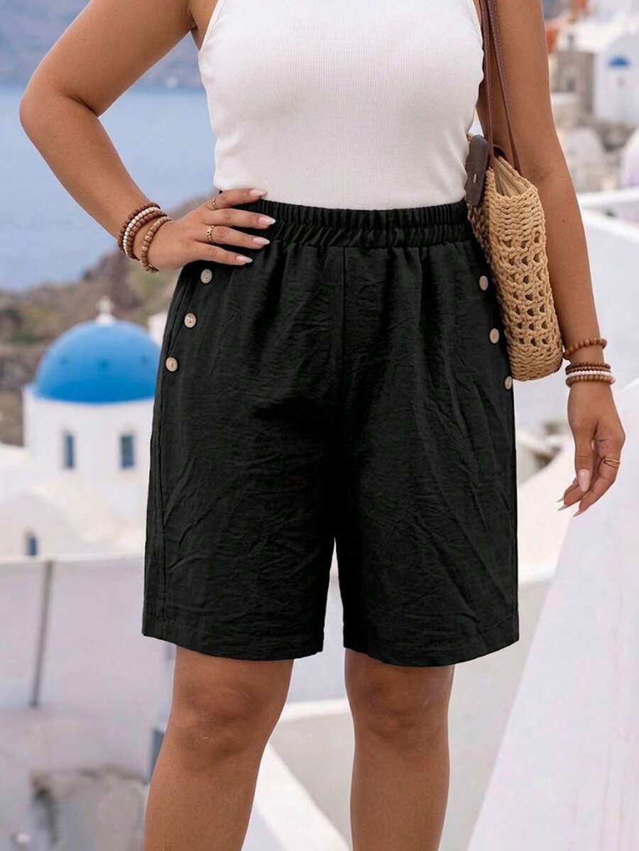 Plus Size Women Loose Casual Shorts With Pockets And Buttons - Black - View 1