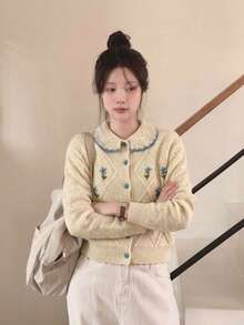 Cardigan Sweater Kerah Peter Pan Bordir Bunga, Kancing Depan, Rajutan Lembut, Lengan Panjang, Beige Vintage, Lapisan Musim Gugur untuk Pakaian Kasual Sehari-hari - Aprikot - View 4