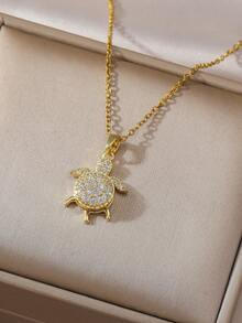 Gold Rotating Turtle Necklace And Adjustable Ring Set, Sparkling Rhinestone Turtle Women's Jewelry - Multicolor - View 3