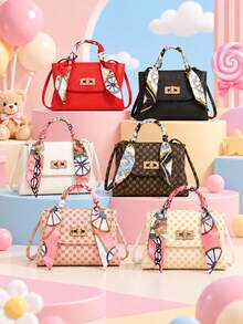 1pc Girls Luxury Silk Scarf Wrapped Handbag, Classic Monogram & Solid Color 2 Styles Available, Metal Lock Commuter Crossbody Small Bag - Multicolor - View 2