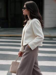 Women's Versatile Ivory Woven Short Jacket, Button Detail Design, Long Regular Sleeves, Round Neck, Suitable For Autumn Wear - Apricot - View 3