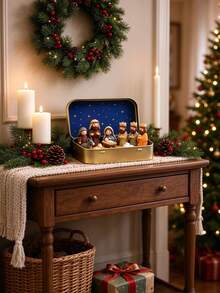 1 Set Christmas Nativity Scene Tin Box Set, Holy Family Jesus Mary Joseph And Wise Men Figurines, Starry Sky Metal Box Mini Stable, Holiday Home Desktop Decor, Desktop Ornament, Commemorative Collection Gift, Winter Holiday Decoration - Multiple Styles - View 6