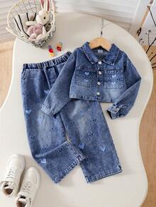 2pcs/Set Girls Blue Elegant Style Pocket Heart Decor Long Sleeve Jacket, Dark & Light Contrast Wide Leg Pants, Autumn - Blue - View 1