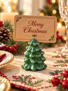 1pc Green Christmas Tree Pattern Desktop Place Card Holder Ornament, Fresh Vintage Holiday Style Mini Tree-Shaped Business Card Holder, Christmas Tree Layered Branch Design With White Carved Pillar Base And Top Card Slot Detail, Can Hold Name Cards, Table Number Cards, Seat Cards, Menu Cards, Notes, Photos, Message Cards, Combines Desktop Decoration, Place Card Display And Holiday Table Atmosphere Creation Functions, Suitable For Christmas, New Year, Family Dinner, Wedding Banquet - Style 1 - View 2