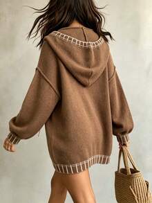Plus Size Casual Fashion Versatile Drawstring Hooded Long Sleeve Knit Pullover Sweater - Brown - View 5