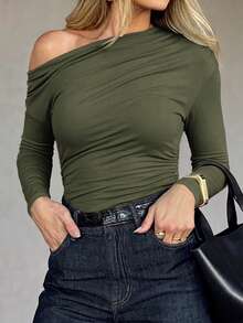 Unadoll Women Fall‑Winter Asymmetrical Slant‑Shoulder Long‑Sleeve Ruched Crop Top, Fitted Basic Tee For Back To School, Daily & Going Out - Army Green - View 8