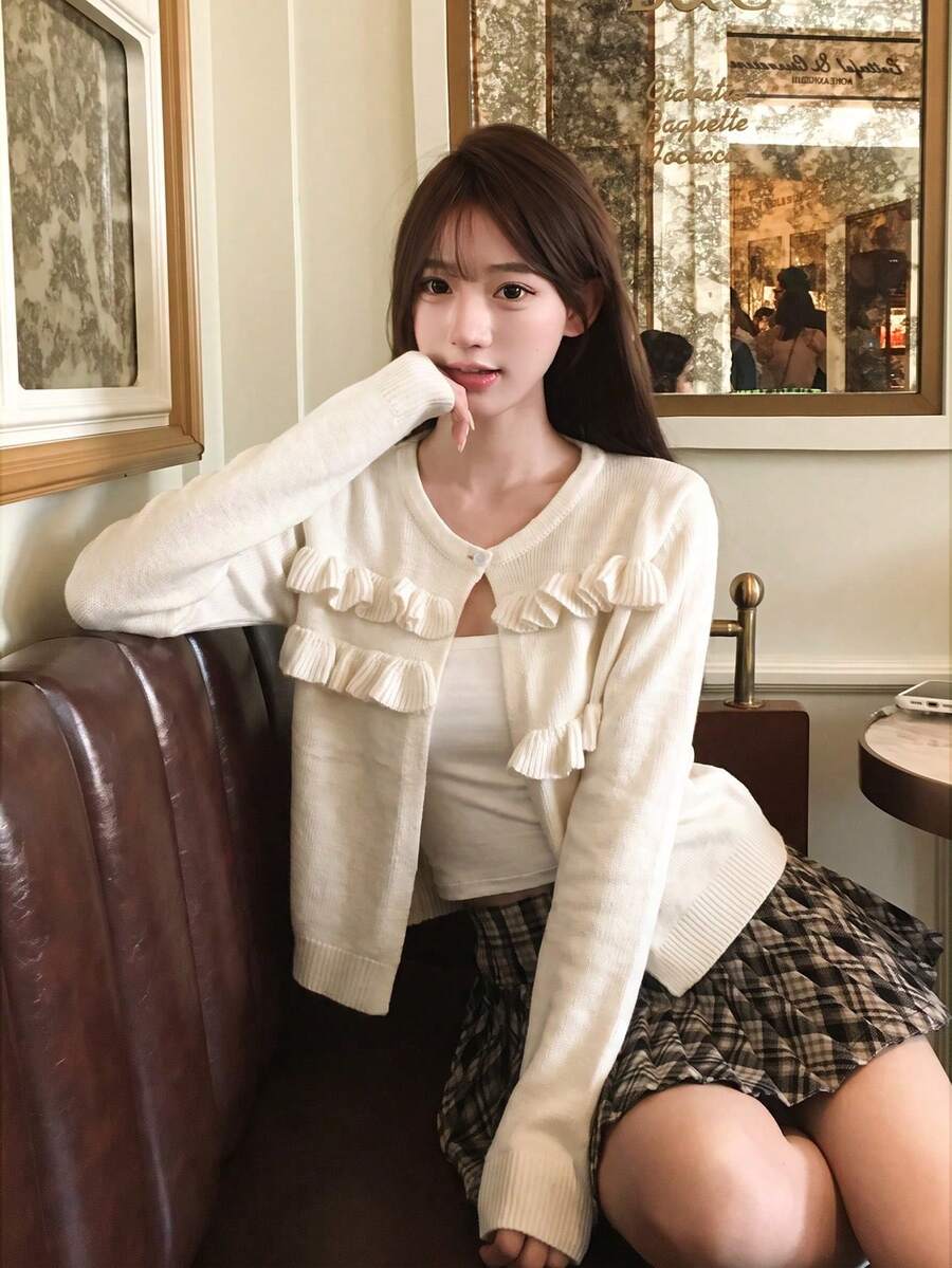 Apricot Crew Neck Knit Cardigan For Women, Frill Trim Patchwork Minimalist Design, Long Sleeve Warm & Comfortable Sweater Jacket, Suitable For Winter, Christmas, New Year - Apricot - View 1